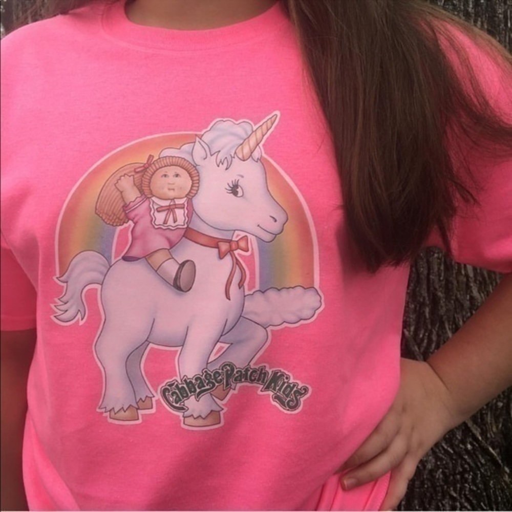 Vintage 1980s Cabbage Patch Kid Riding Unicorn Iron-On On New Pink T-Shirt Tee